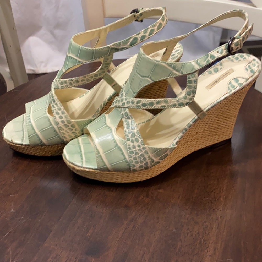 Pale green and white heeled sandals